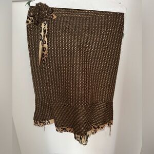 Brown Knit Skirt with Leopard Trim